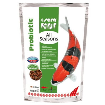 sera Koi All Seasons Probiotic - храна с пробиотични бактерии, подходяща за хранене на Кои над 15 см през цялата година при температура на водата над 8°C - две разфасовки