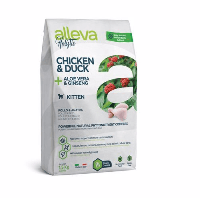 Пълноценна храна за подрастващи котета, както и за бременни и лактиращи кoтки Alleva® Holistic Kitten, с Пилешко и Патешко + Алое вера и Женшен, 1.500кг