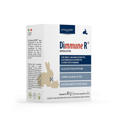Хранителна добавка, разработена за подпомагане на естествената физиологична защита на организма на домашния заек и на екзотичните домашни любимци като цяло (морско свинче, чинчила и други подобни) Dynamopet Dìmmune R, 20брх2гр