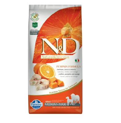 "N&D ADULT MED&MAXI PUMPKIN" - Пълноценна храна за кучета от средни и едри породи в зряла възраст с тиква, риба треска и портокал