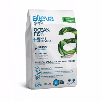 Пълноценна храна за подрастващи кучета от малки породи Alleva® Holistic Puppy Mini, с Океанска Риба + Коноп и Алое вера, 0.800кг