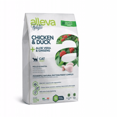 Пълноценна храна за възрастни котки Alleva® Holistic Adult Cat, с Пилешко и Патешко + Алое вера и Женшен, 1.500кг