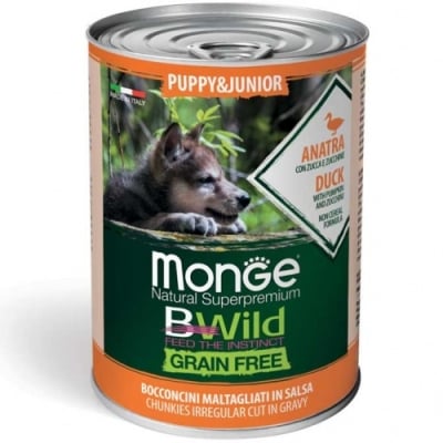 Хапки в сос за подрастващи кучета от всички породи Monge BWILD Grain Free Puppy&Junior, без зърнени храни, с патешко, тиква и тиквички, 400гр