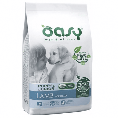Храна за кучета Oasy Lamb Monoprotein Puppy&Junior с агнешко за всички породи до 12 месеца, две разфасовки