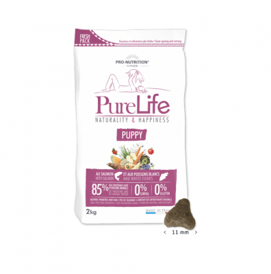 Храна за малки кученца, кучета в напреднала бременност и кърмещи кучета Pro-Nutrition Flatazor PureLife Puppy, без зърнени храни, със сьомга и бяла риба, две разфасовки