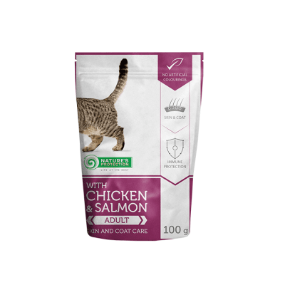 Chicken & Salmon Skin & Coat Care, Пауч с пиле и сьомга за израснали котки, 100 гр