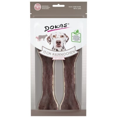 Dokas, Лакомства за кучета, 15 см Кожен кокал за куче с агнешко, 2 броя