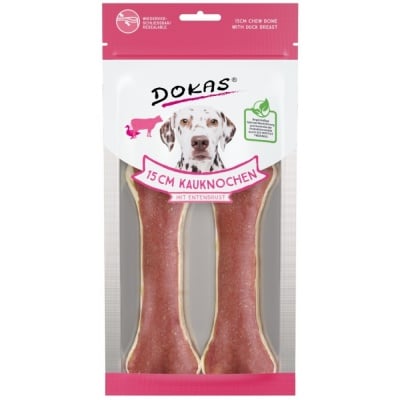 Dokas, Лакомства за кучета, 15 см Кожен кокал за куче с патешко, 2 броя