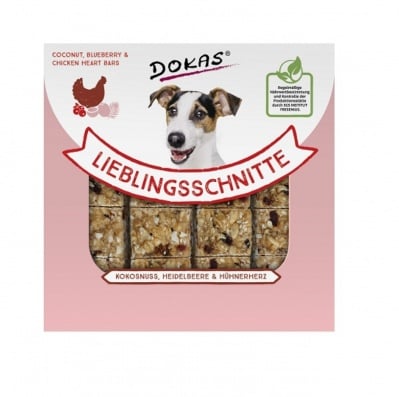 Dokas, Лакомство за куче, Бар от кокос, боровинки и пилешки сърца, 4х20гр