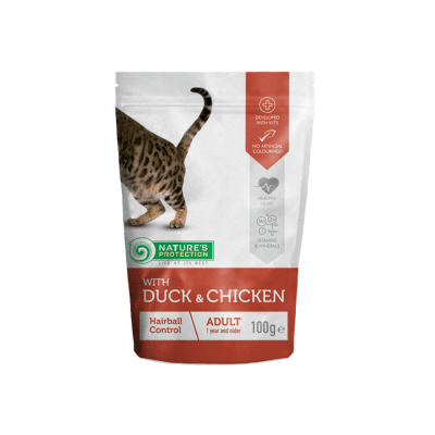 Duck & Chicken Hairball Control, Пауч с патешко и пиле за косменни топки за израснали котки, 100 гр