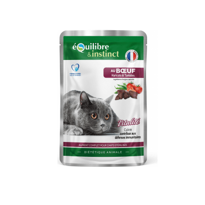 Equilibre § Instinct, пауч за кастрирана котка с телешко, боб и домати, 85 гр