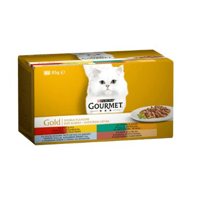 GOURMET, GOLD Двойно Удоволствие с Говеждо и Пиле, Патица и Пуйка, Океанска Риба в Сос със Спанак, Заек и Черен дроб, 4 х 85g