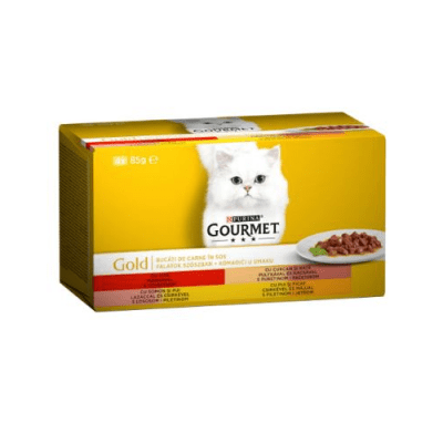 GOURMET GOLD, Хапки в сос с Говеждо, Пуйка и Патица, Пиле и Черен Дроб, със Сьомга и Пиле, 4х 85g