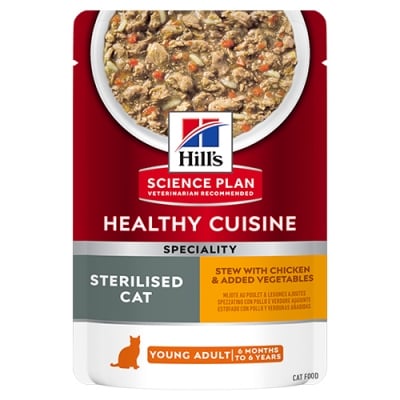 Hill’s Science Plan Adult Sterilized Cat Healthy Cuisine Stew, Пауч за кастрирани котки, задушено със зеленчуци и пилешко, 12брх80гр