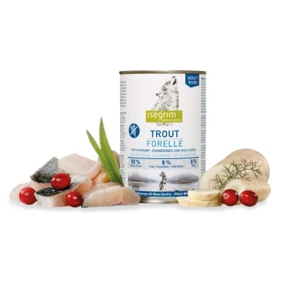 ISEGRIM, консерва за куче, пъстърва, пащърнак и червени боровинки, 400гр