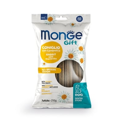 Monge Gift Dental Sticks All Breeds Senior Dog, Дентални стикове за кучета в напреднала възраст от всички породи, със заешко и лайка, 210гр