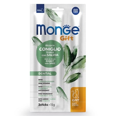 Monge Gift Soft Sticks Dental, Лакомство за котки, За дентална грижа, със заешко и салвия, 15 гр
