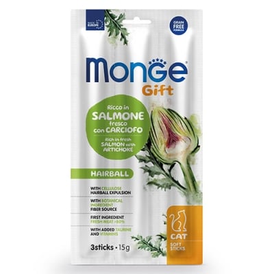 Monge Gift Soft Sticks Hairball, лакомство за котки, срещу образуването на космени топки, със сьомга и артишок, 15гр