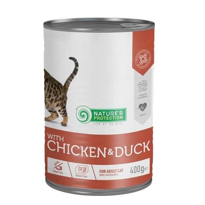 Natures Protection Sterilised, Храна за кастрирани котки, С пиле и патица, 400гр