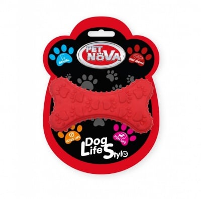 Pet Nova, дентална играчка за куче - назъбена кост, 10,5см, червена, с телешки аромат
