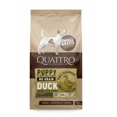 Quattro, No Grain, Puppy and Mother, Duck, стартерна храна без зърно за малки породи, с патица, 1,5 кг