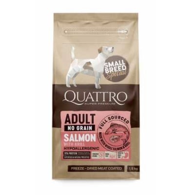Quattro, No Grain, Salmoon and krill, храна без зърно за малки породи, със сьомга и крил, 1,5 кг