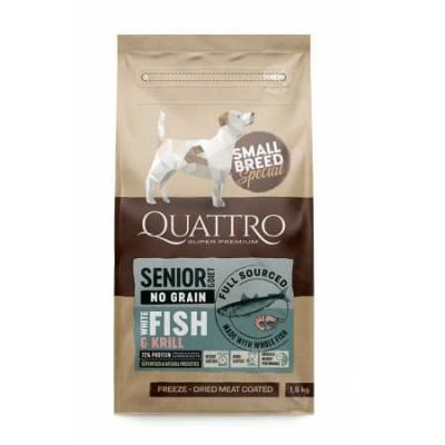 Quattro, No Grain, White Fish and Krill, Senior, храна без зърно за малки породи над 6 год, с бяла риба и крил, 1,5 кг