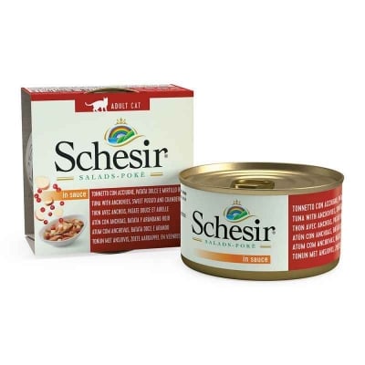 Schesir Salads, Мокра храна за котки, С риба тон, аншоа, сладки картофи и боровинки, 85 гр