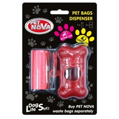 Pet Nova, Дозатор за торби за отпадъци и една ролка 20бр, червен комплект