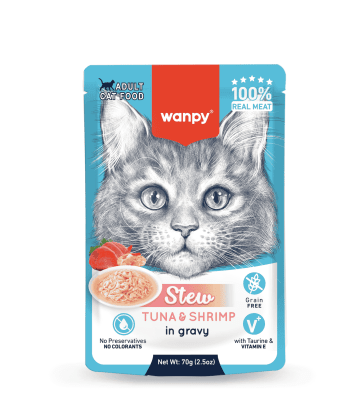 Wanpy Stew in gravy - пауч за котки, ароматно стю с риба тон и скариди в сос, 70 г / 10 бр. СТЕК
