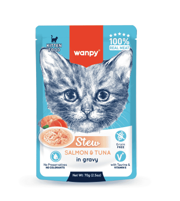 Wanpy Stew in gravy - пауч за малки котенца, ароматно стю със сьомга и риба тон, 70 г / 10 бр. СТЕК