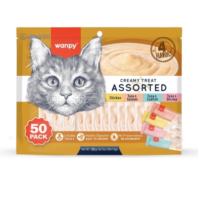 Wanpy Creamy Treat Assorted Cat - Кремообразно лакомство за котенца над 3 месеца от всички породи - микс вкусове , 50х14 г