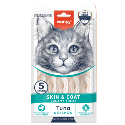 Wanpy Cat Skin&amp;Coat  кремообразно лакомство за котки с риба тон и сьомга,  за лъскава козина, 5х14 г