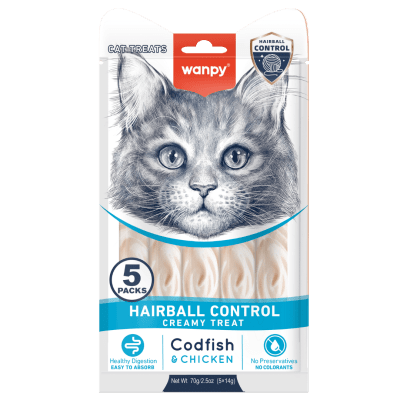 Wanpy Cat Hairball Control кремообразно лакомство за котки с риба треска и пилешко, срещу топки косми, 5х14 г