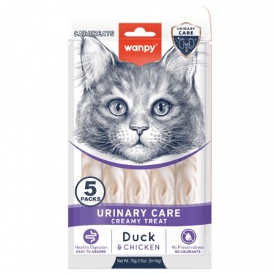 Wanpy Cat Urinary кремообразно лакомство за котки с патица и пиле, при проблеми с уринарния тракт, 5х14 г