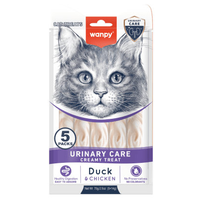 Wanpy Cat Urinary кремообразно лакомство за котки с патица и пиле, при проблеми с уринарния тракт, 5х14 г