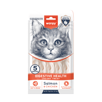 Wanpy Cat Digestive Health - Кремообразно лакомство за котки над 3 месеца с пиле и сьомга - за добро храносмилане, 5х14 гр