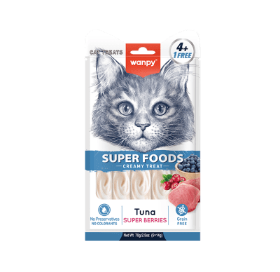 Wanpy cat Superfoods - лакомство за котки, кремообразно с вкус на риба тон и горски плодове, 5х14 г