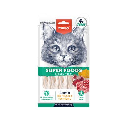 Wanpy cat Superfoods - лакомство за котки, кремообразно с вкус на агнешко и куркума, 5х14 г
