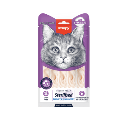 Wanpy Creamy Treat  - лакомство за кастрирани котки, кремообразно вкус на пуешко, 5х14 г