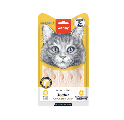 Wanpy Creamy Treat - лакомство за възрастни котки над 7 г., кремообразно с вкус на пилешко и дробчета, 5х14 г