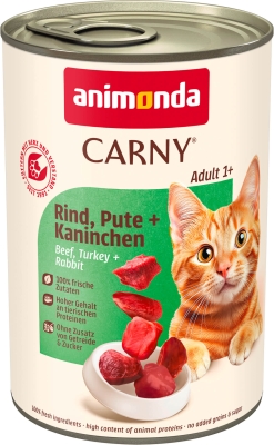 Carny Adult - Пълноценна храна за израснали котки - консерва с говеждо, пуйка и заек, 400гр. / 6 бр. стек