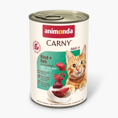 Carny Adult - Пълноценна храна за котки от 1 до 6 години - консерва с говеждо, елен и боровинки, 400 гр. / 6 бр. стек