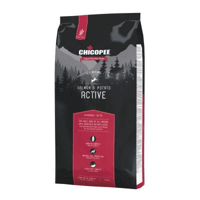 Chicopee Dog Holistic Active - Суха храна за израснали кучета от всички породи с повишена активност - гранули със сьомга и картофи, 12 кг.
