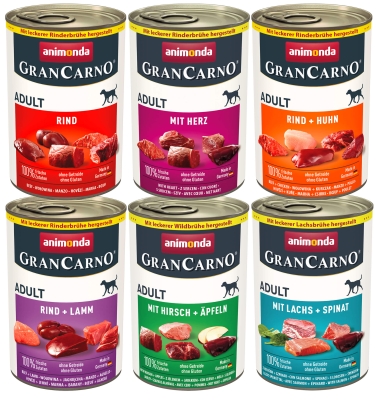 GranCarno Adult Mix -  Микс консерви за кучета с: телешко, сърца, телешко и пилешко, телешко и агнешко, еленско и ябълки, сьомга и спанак, 6 х 400