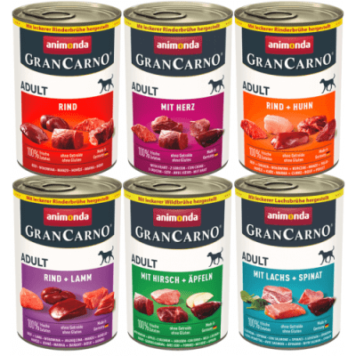 GranCarno Adult Mix 6х800 г - микс консерви: телешко, сърца, телешко и пилешко, телешко и агнешко, еленско и ябълки, сьомга и спанак, 6 х 800