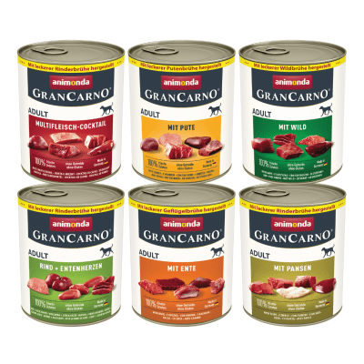 GranCarno Adult Mix - Пълноценна храна за кучета - мултикоктейл, пуйка, дивеч, телешко и п.сърца, патешко, шкембе 6 х 800 гр.