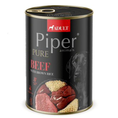 PIPER  PURE  Dog Adult - Пълноценна храна за кучета от всички породи - консерва с говеждо и кафяв ориз, 400 гр.