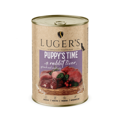 Luger`s Puppy - Пълноценна храна за малки кученца със заешки дробчета, говеждо, свинско и други - консерва, 400 гр. 6 бр./стек