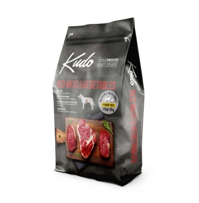 Kudo Low Grain Adult Medium-Maxi Red Meat - Пълноценна храна за кучета над една година от средни и едри породи - гранули с червено месо и зеленчуци, 12 + 2 кг.